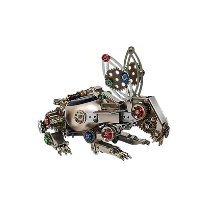 A unique mechanical rabbit metal model kit, featuring large articulated ears with gears and colorful accents. This metallic 3D puzzle is an engaging desktop collectible.