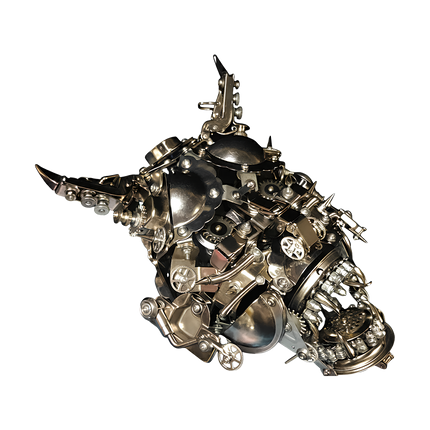 Close-up of assembled mechanical monster head 3D puzzle metal kit: Complex metal structures, ideal for detailed display in collection cabinets