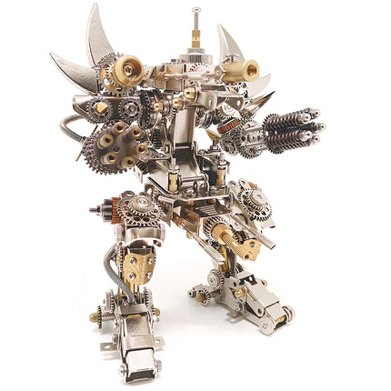  Dynamic front-angle view of a mechanical steampunk robot Taurus metal model 3D puzzle Metal Kit, poised in an action stance. It features gleaming chrome and brass components, intricate interlocking gears, powerful multi-barrel weapons, and distinctive horns. This formidable steam punk mech offers an immersive steampunk puzzle building experience.
