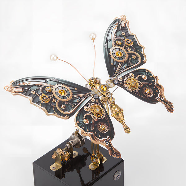 Angled view of a grand steampunk butterfly metal model on its stand, an exquisite funny table art piece. This DIY 3D puzzle metal kit provides a luxurious and engaging building and display experience."