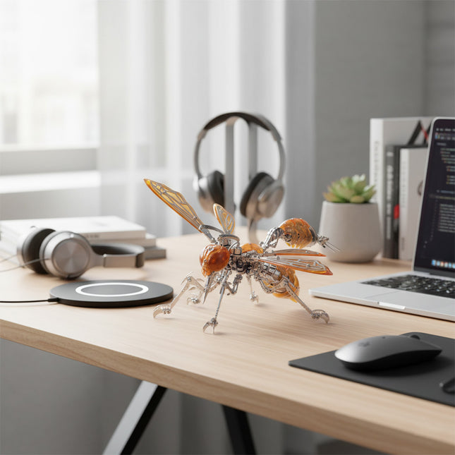  Modern desk setup featuring a striking metal insect model kit, a unique accessory for a productive workspace.