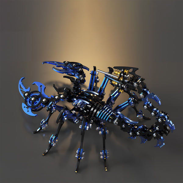 Sleek blue and black mechanical scorpion metal model, a high-tech DIY 3D puzzle with striking illuminated accents. This advanced Metal Kits collectible makes an impressive and funny table display for modern sci-fi enthusiasts.