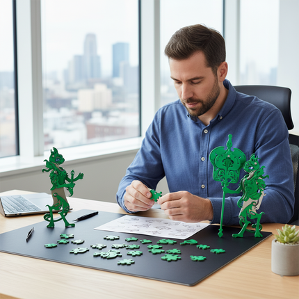 A man assembles a green metal Iron Fan Elder 3D puzzle on his desk, surrounded by other completed DIY metal models—perfect for engaging desktop activities