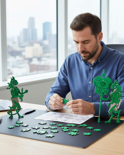 A man assembles a green metal Iron Fan Elder 3D puzzle on his desk, surrounded by other completed DIY metal models—perfect for engaging desktop activities