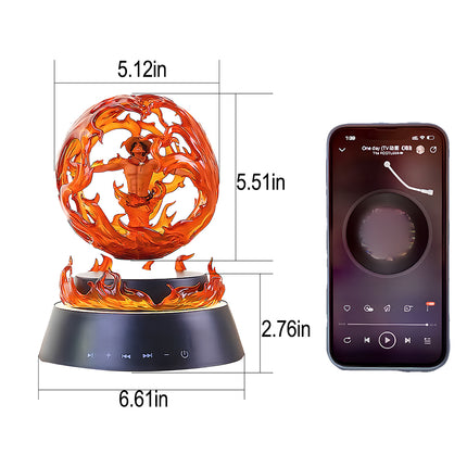 Magnetic levitation flame-globe anime figurine on speaker base with media controls; size chart 5.12in sphere, 6.61in base, 2.76in high.