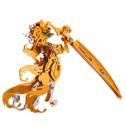 A fantasy swordsman metal model featuring golden armor and a long sword, symbolizing strength, courage, and the aesthetic beauty of mechanical artistry