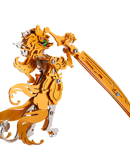 A fantasy swordsman metal model featuring golden armor and a long sword, symbolizing strength, courage, and the aesthetic beauty of mechanical artistry