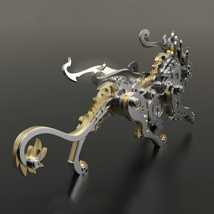 A high-angle rear view of the black, gold, and silver Bi'an 3D mechanical puzzle, showcasing the detailed spine and tail structure of the metal model kit, from tablefunny.com.