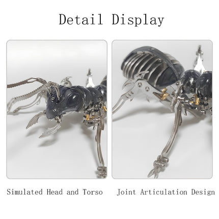 Detailed close-up showing simulated head, mandibles, torso, and articulate joint design of the 3D metal mechanical ant model puzzle.