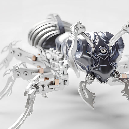 High-definition close-up rendering of the 3D metal mechanical ant puzzle, highlighting the head, mandibles, antennae, and articulated legs.