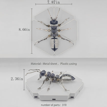 Product dimensions and specifications diagram for the 3D metal mechanical ant model puzzle showing 310 parts, height 2.36 in, and base size 7.87x8.66 in.