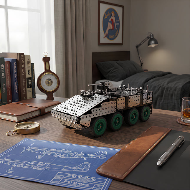 Perspective view of an intricate 3D metallic mechanical armored personnel carrier puzzle model built with metal plates and rubber tires.