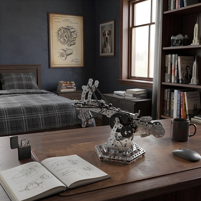 High-angle lifestyle shot of a 3D metal mechanical crossbow puzzle model displayed next to vintage sketches and a notebook as a cool desk gadget.