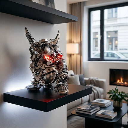 A 3D metal mechanical demon skull model with glowing red LED eyes displayed on a black floating shelf in a modern living room.