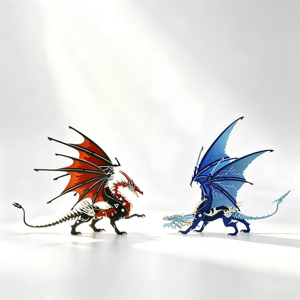 Assembled 3D metal mechanical dragon puzzle figure set showcasing fire and ice color variations.