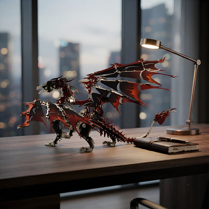 Red and black metallic mechanical dragon 3D puzzle model kit, a striking executive desk sculpture and gift for adults.