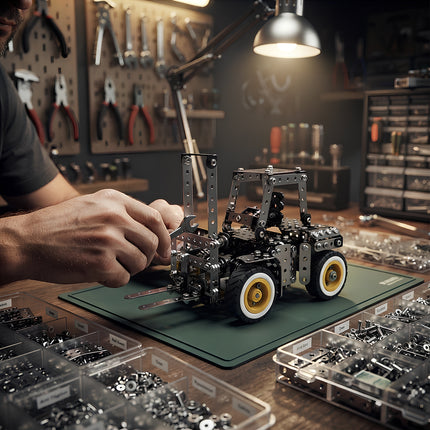 DIY 3D metallic mechanical forklift model puzzle being built on a green cutting mat surrounded by organized hardware trays and workshop tools.