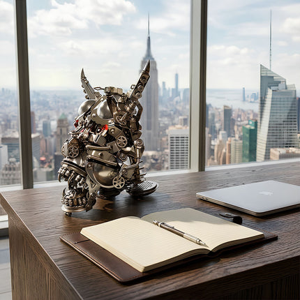 A 3D metal mechanical horned beast skull sculpture set on a wooden executive desk in a high-rise office with skyscraper views.