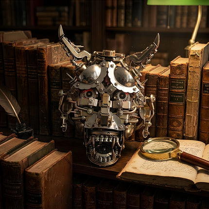 A 3D metal mechanical horned skull sculpture displayed in a classic vintage library surrounded by antique books and a magnifying glass.