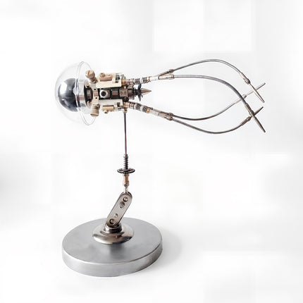 Official tablefunny product photo of an assembled 3D metal mechanical jellyfish desktop sculpture on a sleek metal stand.