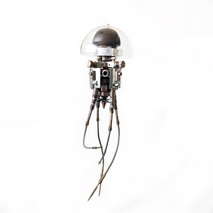 Official tablefunny product showcase photo of an assembled 3D metal mechanical jellyfish model in a vertical standing position.