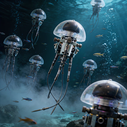 Sci-fi ocean concept artwork depicting a swarm of 3D metal mechanical jellyfish models swimming together in deep blue water among tropical fish and bubbles.