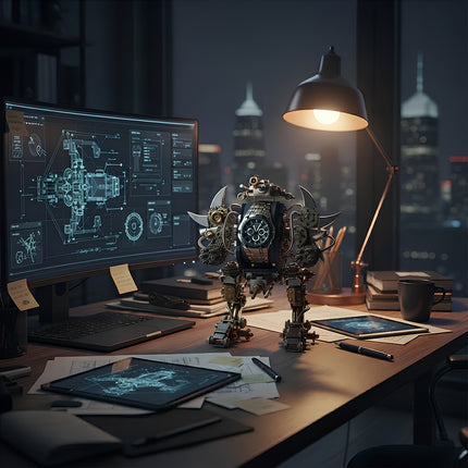 A steampunk 3D metal mechanical mech model with watch face design on a night office desk next to a monitor displaying blueprints.
