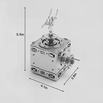 Dimension diagram of the metallic mechanical model base showing product size 5.5 inches in height, 4.1 inches in length, and 2.8 inches in width.