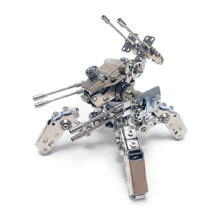 Isolated studio shot of a completed 3D metal mechanical quadruped spider mecha turret model with dual cannon barrels on a white background.