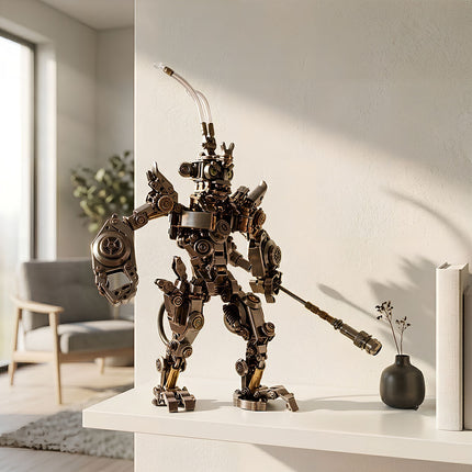 A 3D metal mechanical robot mecha model with antenna displayed on a clean white shelf in a modern living room.