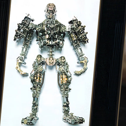 Front view studio product photo of an intricate 3D metal mechanical skeleton robot action figure on a clean white background.