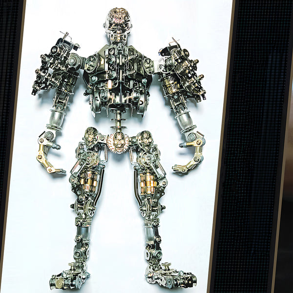 Front view studio product photo of an intricate 3D metal mechanical skeleton robot action figure on a clean white background.