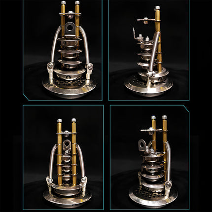 Four-way multi-angle view diagram showcasing the brass and steel neck base assembly of a 3D metal mechanical skull model on a black background.