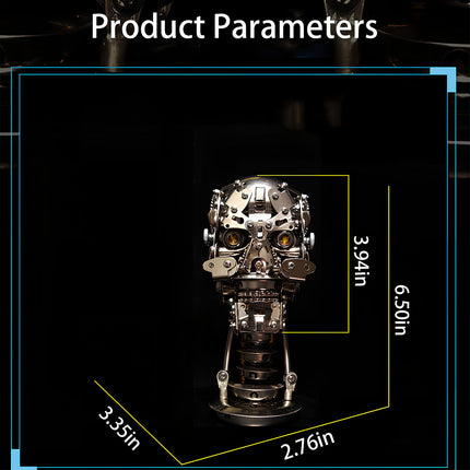 Detailed dimension chart and size specifications for an assembled 3D metal mechanical robot skull head puzzle.