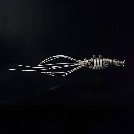 Official tablefunny product showcase depicting the 3D metal mechanical squid desktop sculpture in a complete side profile on black.