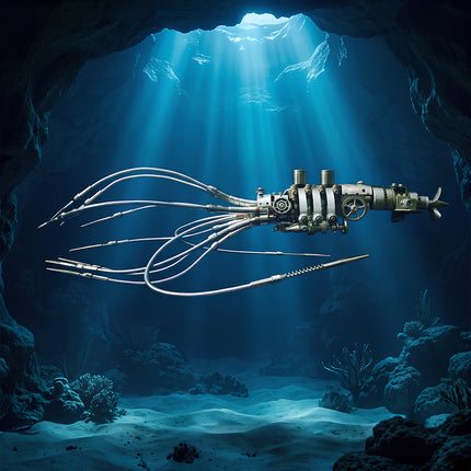 Conceptual underwater render of an assembled 3D metal mechanical squid model swimming in a deep ocean cave with light rays.