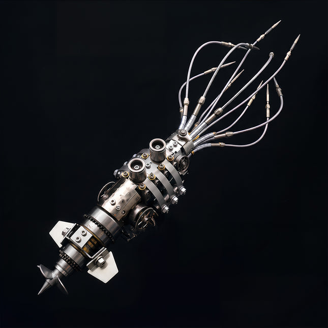 Dynamic diagonal overhead view of an assembled 3D metal mechanical squid model showing flexible tentacles and detailed tail propeller on a dark background.