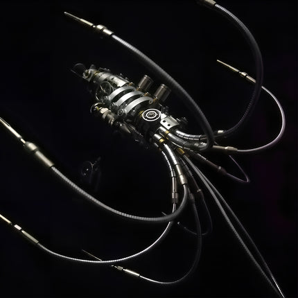 Dramatic front perspective view of an assembled 3D metal mechanical squid model showing metallic tentacles curving towards the camera on a black background.