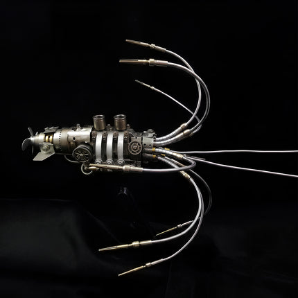 Side view of the assembled 3D metal mechanical squid model mounted on a black display stand, showing flared articulated tentacles on a dark background.