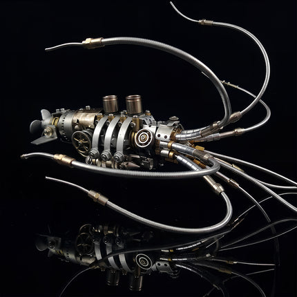 Side profile view of an assembled 3D metal mechanical squid model with clear mirror reflection on a smooth black surface.