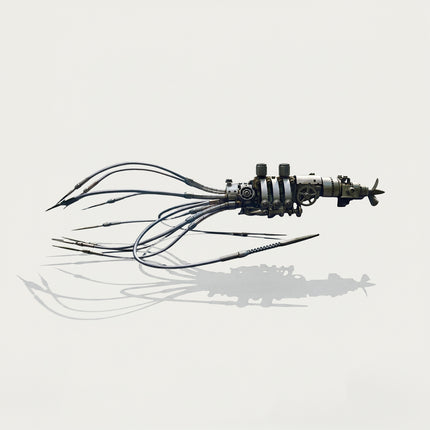 Side view of an assembled 3D metal mechanical squid model with flexible metallic tentacles and rear propeller against a minimalist light background.