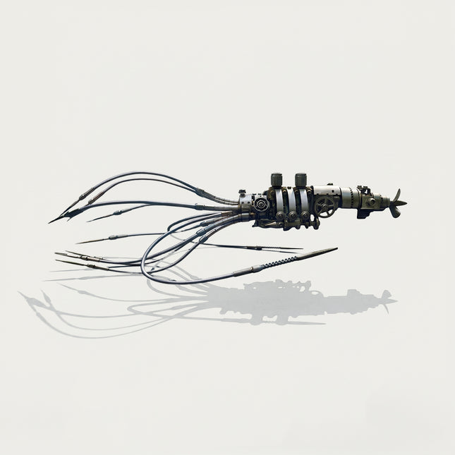 Side view of an assembled 3D metal mechanical squid model with flexible metallic tentacles and rear propeller against a minimalist light background.