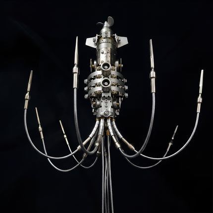 Vertical view of an assembled 3D metal mechanical squid model with flared, crown-like flexible tentacles on a plain dark background.