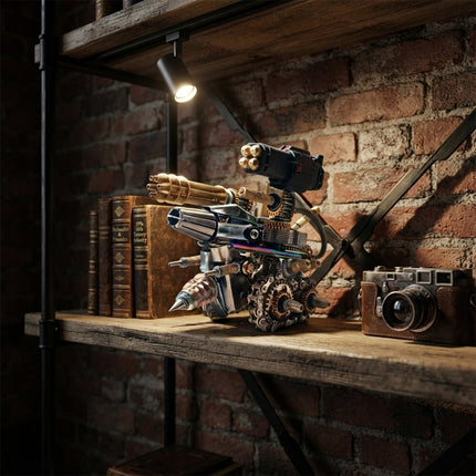 A steampunk 3D metal mechanical tank turret model sculpture displayed on a vintage wooden industrial shelf with spotlight.