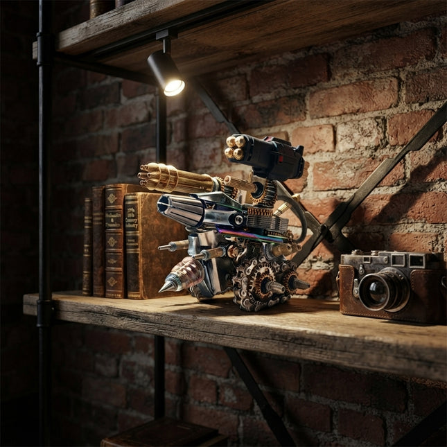 A steampunk 3D metal mechanical tank turret model sculpture displayed on a vintage wooden industrial shelf with spotlight.