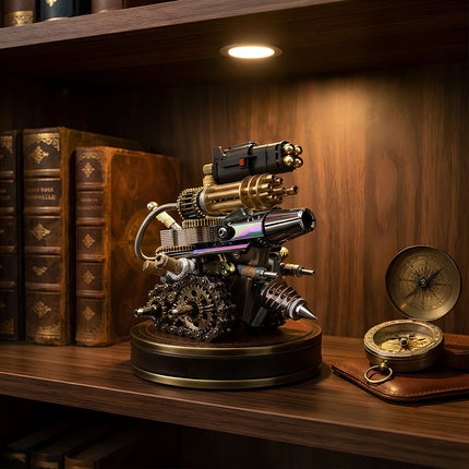A steampunk 3D metal mechanical tank turret model sculpture on a pedestal displayed in a classic dark wooden illuminated cabinet with antique books and brass compass.