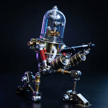 Finished model display of 3D puzzle metal kits highlighting a detailed mechanical armed robot in a professional studio lighting setup.