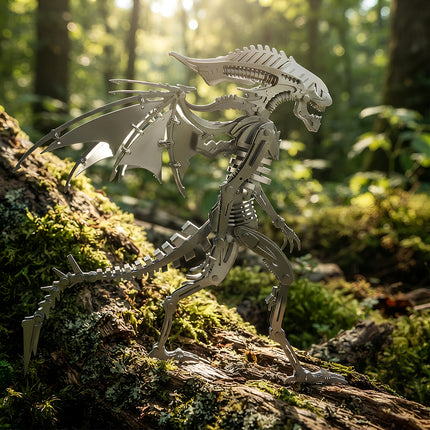 Backlit profile shot of an aggressive creature built from 3D puzzle metal kits, showcasing exquisite craftsmanship in nature.