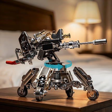 Interior lifestyle photography of a mechanical steampunk puzzle heavy turret kit displayed on a wooden nightstand in a cozy bedroom.