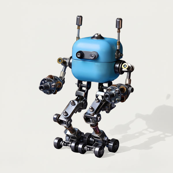 Studio isolated shot of 3D puzzle metal kits showcasing a complete blue and metallic robot model on a white background.